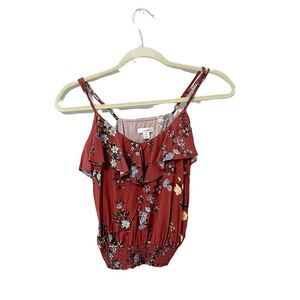 🟢Xhileration Rust Floral Ruffle Tank Tops Size XS